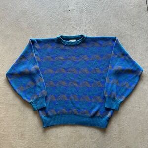 Vintage 90s Aka Bay Sportswear Geometric Sweater Size‎ Medium Blue Pullover Knit